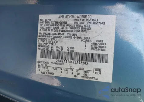 2002 Ford Windstar Lx z USA, uszkodzony, nr VIN 2FMZA51462BA97205